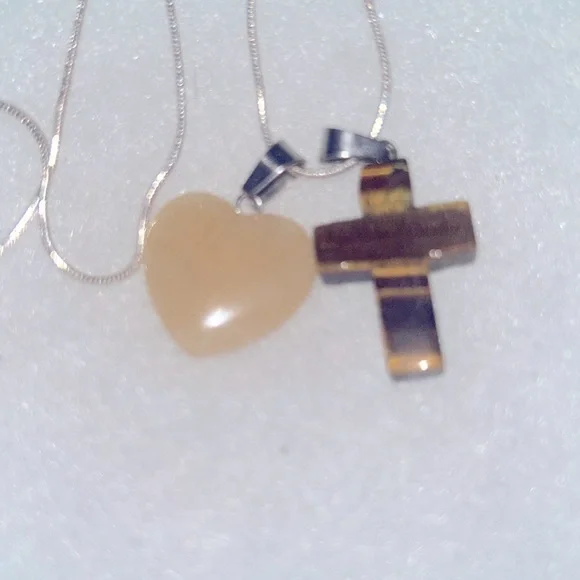 Boho Hippie Tigers Eye Cross and Aventurine Heart Sterling Silver Necklace 18” - Picture 5 of 6